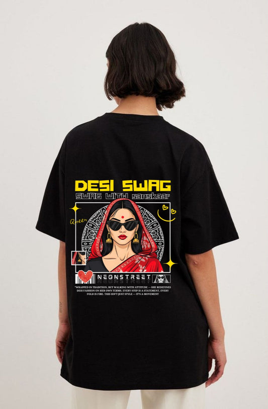 Desi Swag Print Oversized Black T-Shirt