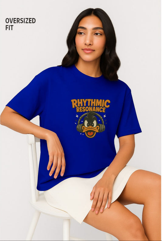 Rhythmic Resonance Print Royal Blue Oversized T-Shirt
