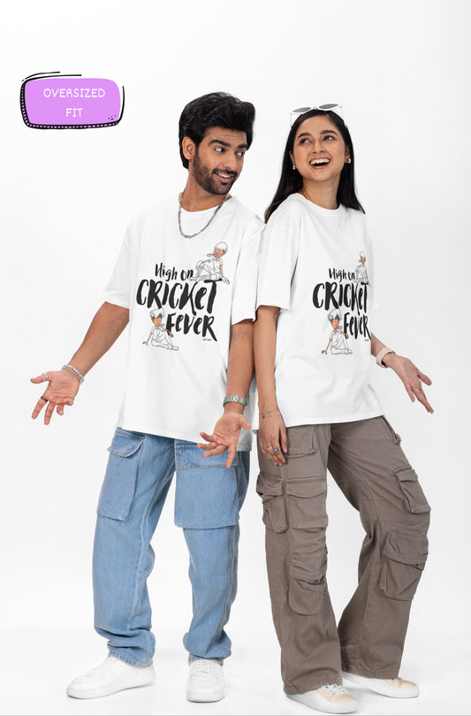 High on cricket Fever Print White Oversized T-Shirt