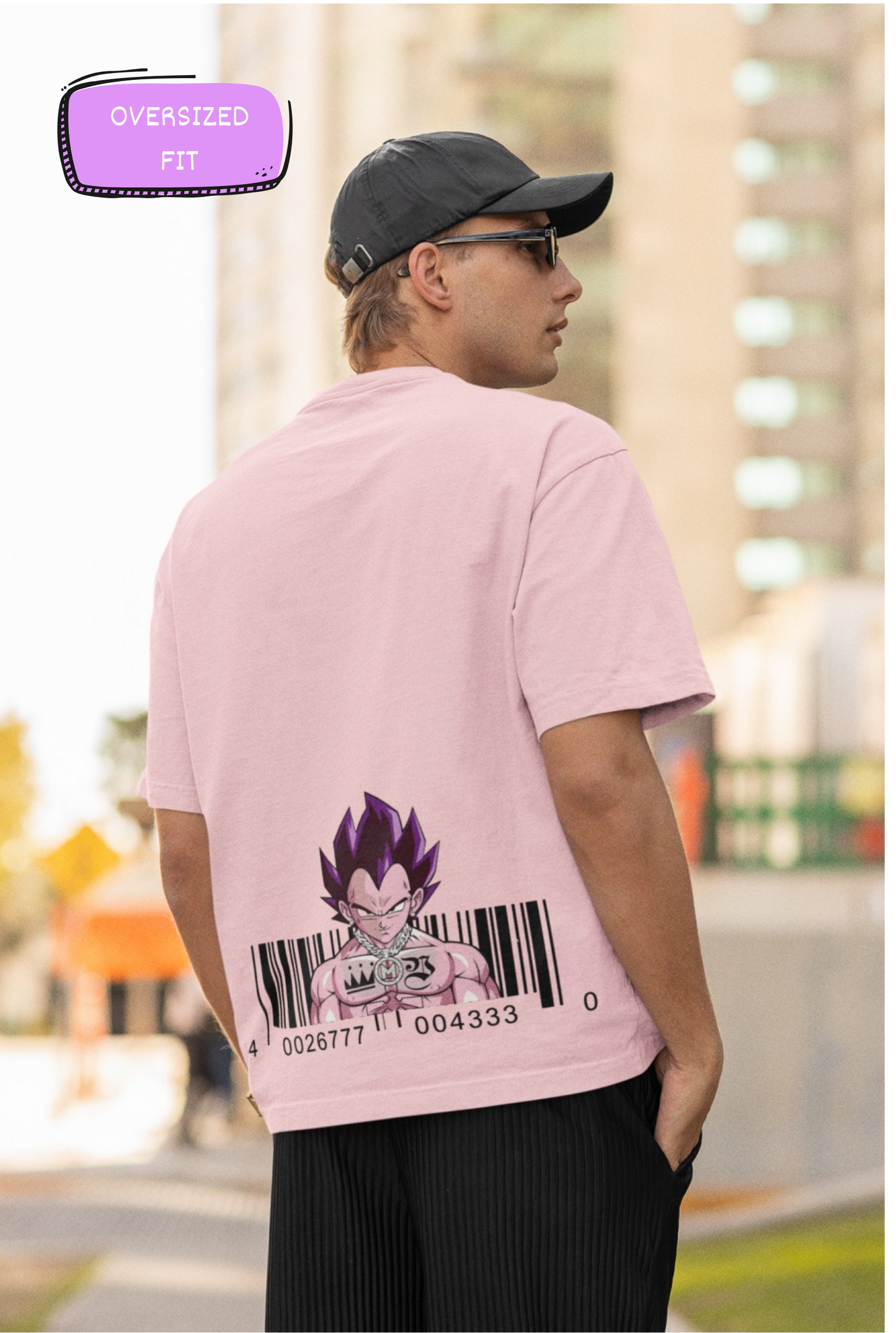 Majin Barcode Anime Print Oversized Pink T-Shirt