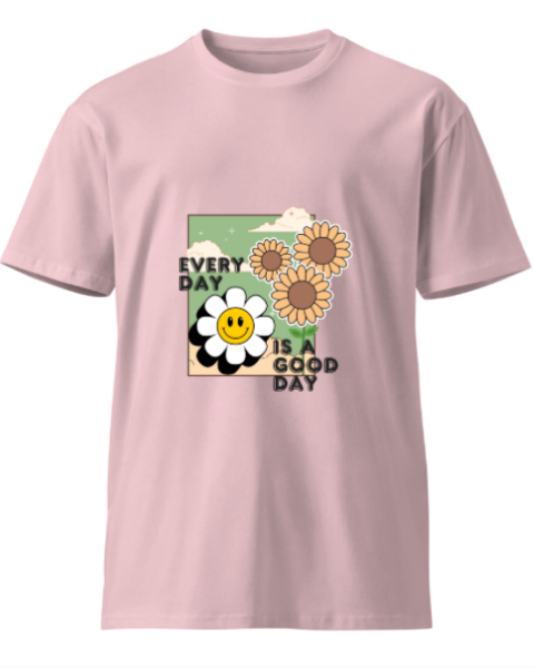 Front view of 'Every Day is a Good Day' printed light pink unisex T-shirt made from 100% cotton