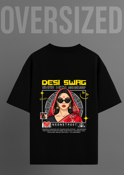 Desi Swag Print Oversized Black T-Shirt