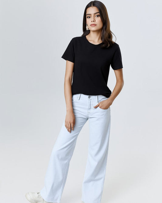 Women Black Plain T-Shirt