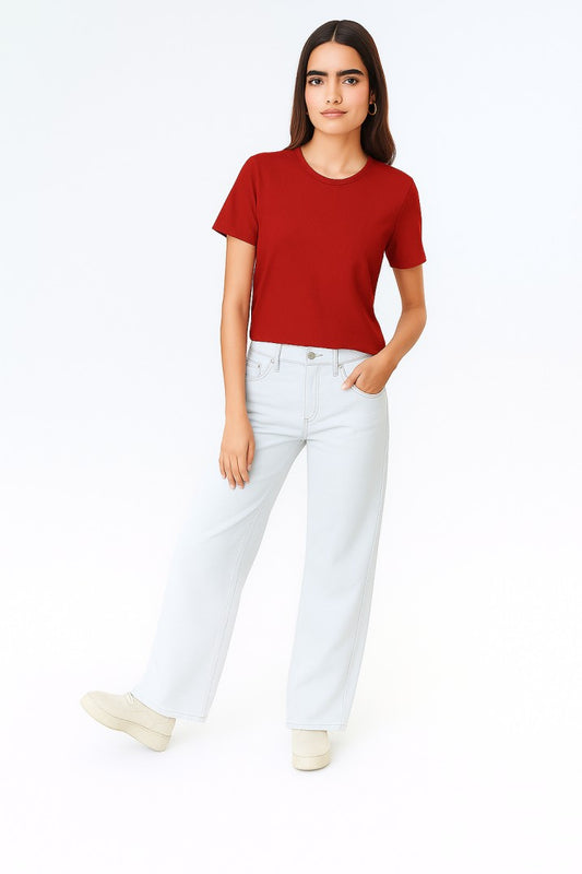 Women Red Plain T-Shirt