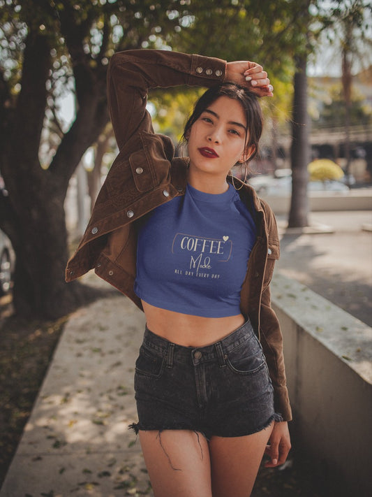 Coffee Mode Printed Navy Blue Crop T-Shirt