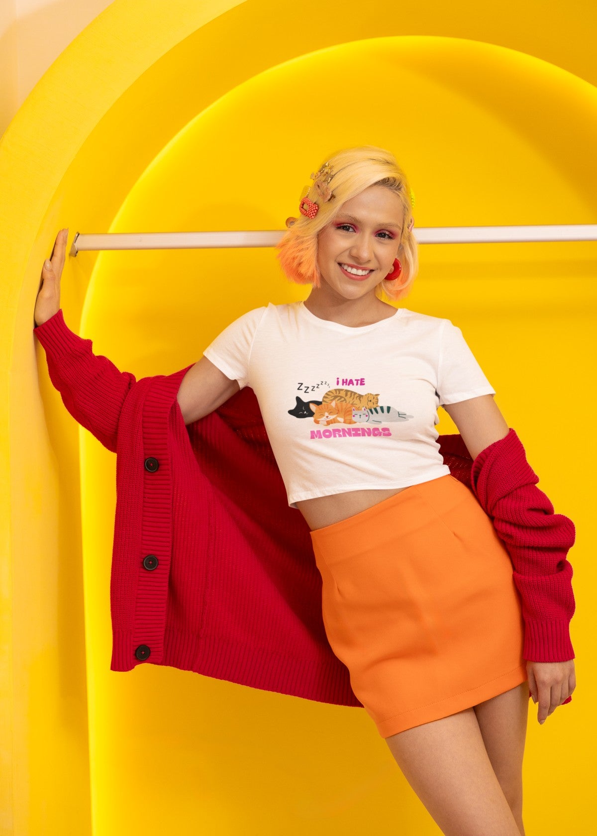 I Hate Mornings Printed White Crop T-Shirt
