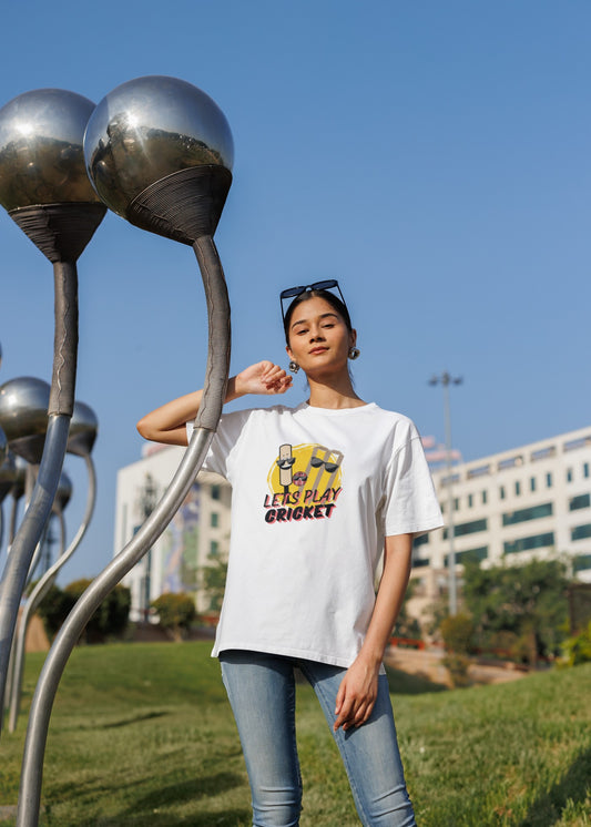 Lets Play Cricket Print White T-Shirt