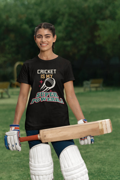 Cricket Is My Super Power Print Black T-Shirt