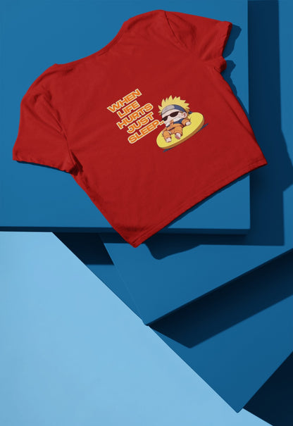 When Life Hurts Just Sleep Print Red Crop T-Shirt