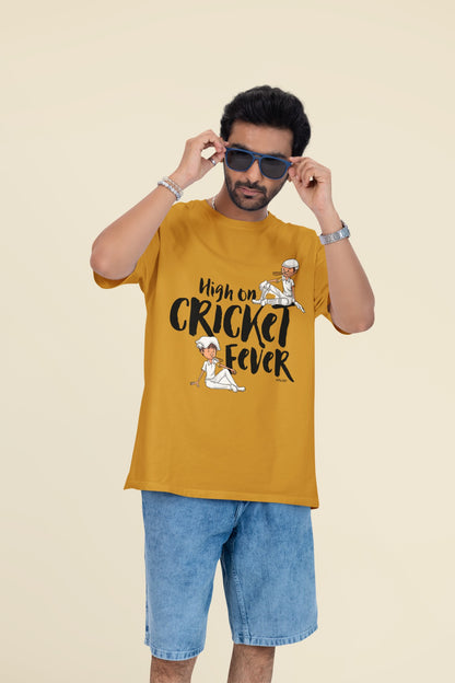 High on cricket Fever Print Mustard Yellow Oversized T-Shirt