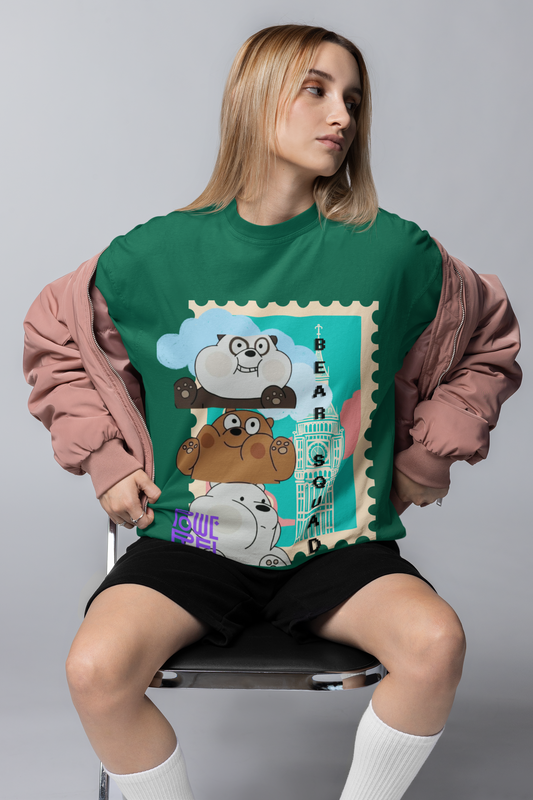Bear Squad Printed Green Oversized T-Shirt