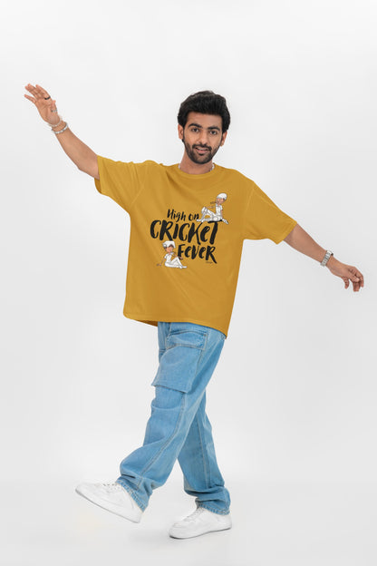 High on cricket Fever Print Mustard Yellow Oversized T-Shirt