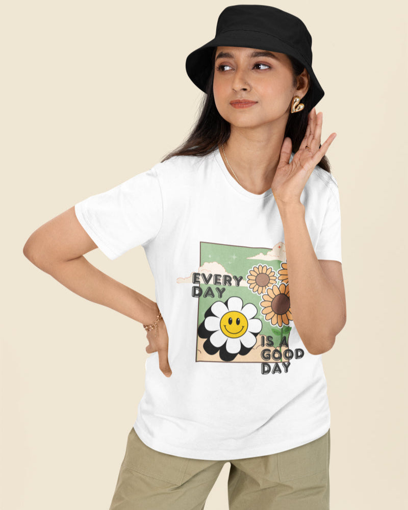 Model wearing the 'Every Day is a Good Day' printed White T-shirt paired with jeans for a casual look.