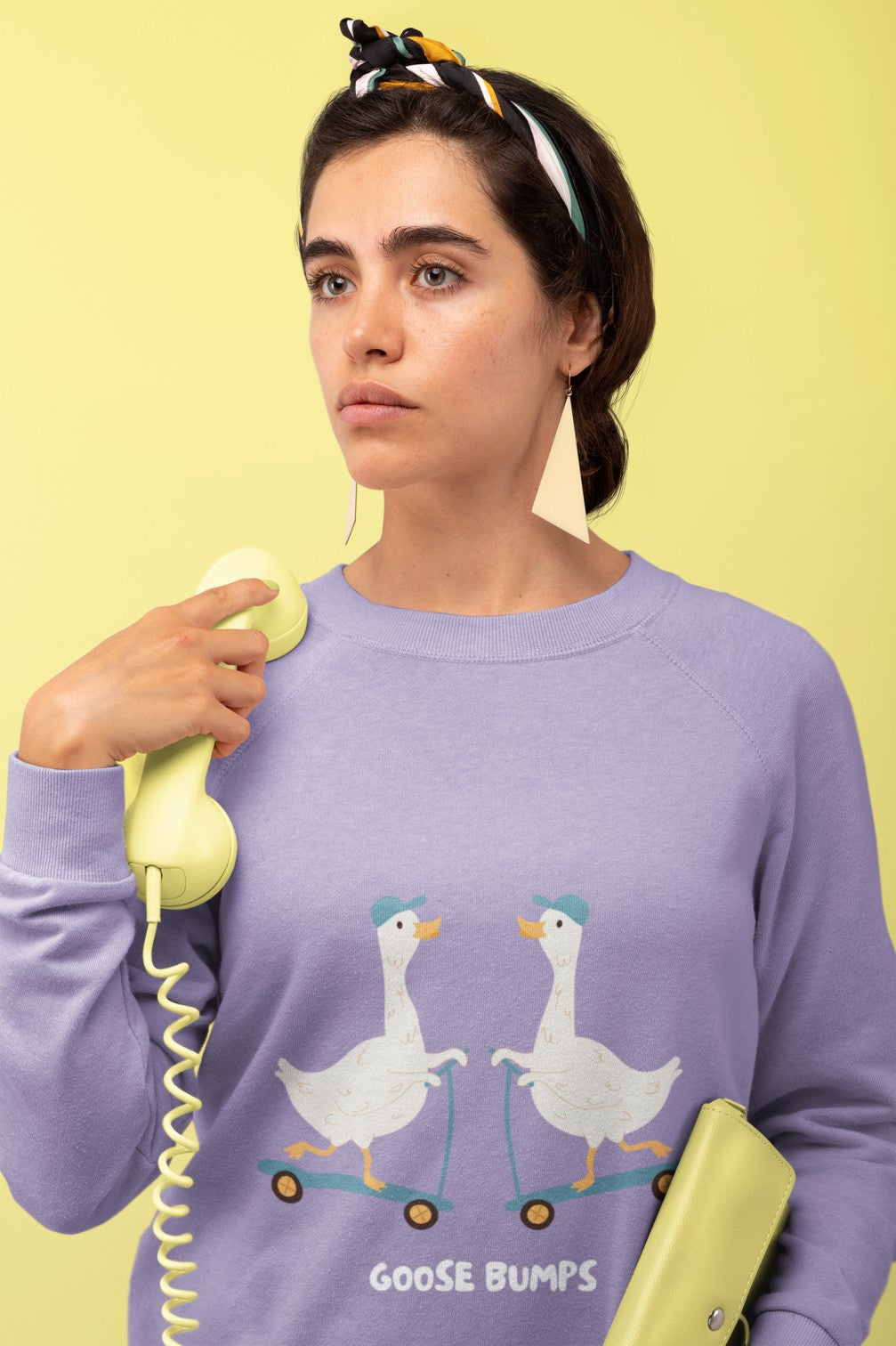 Model wearing the women's Goose Bumps Printed Lavender Sweatshirt styled for a casual, chic look