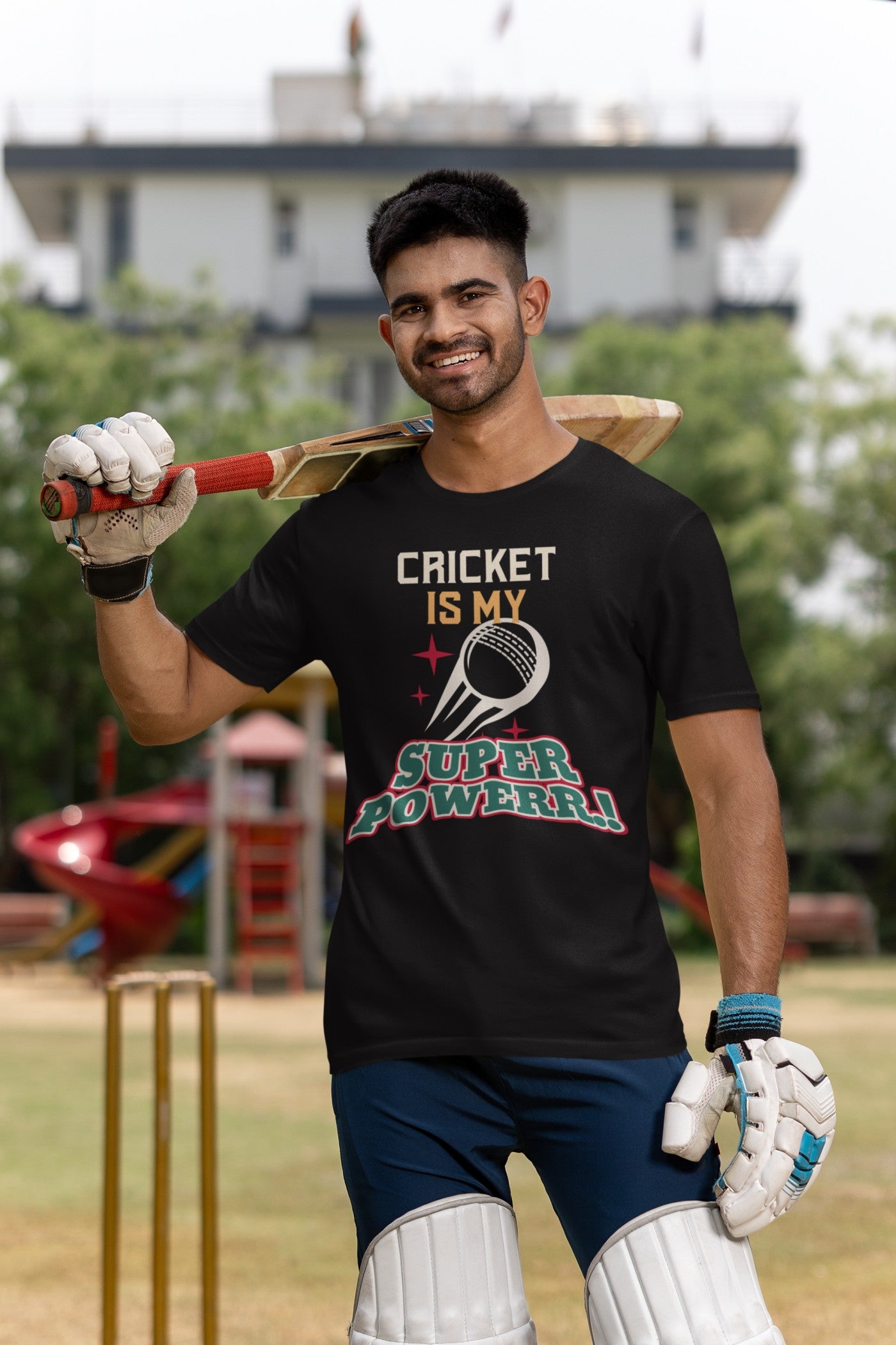 Cricket Is My Super Power Print Black T-Shirt