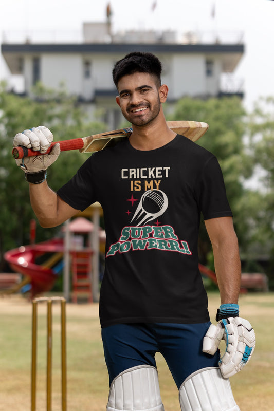 Cricket Is My Super Power Print Black T-Shirt