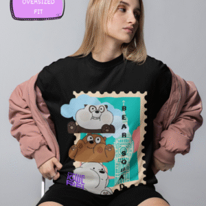 Model wearing the Bear Squad printed Black oversized t-shirt paired with shorts and boomer jacket for a casual look.