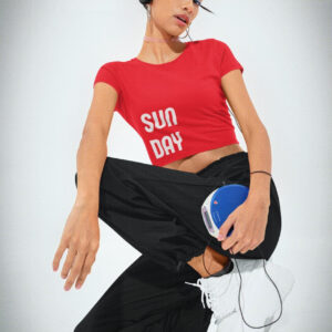 bella canvas crop top mockup featuring a woman with a 00 s music player m31208 14