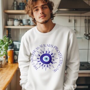 mockup featuring an ai generated man wearing a crewneck sweatshirt in a kitchen m51532