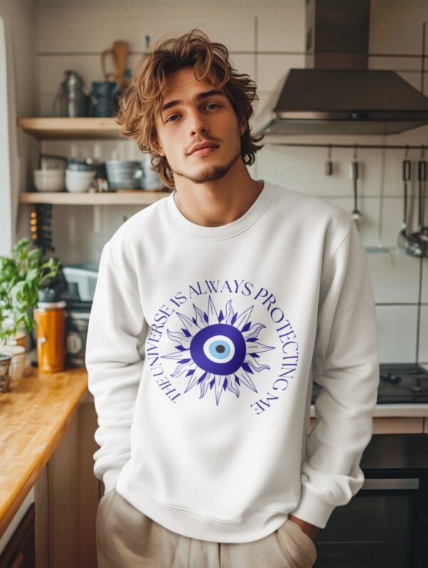 mockup featuring an ai generated man wearing a crewneck sweatshirt in a kitchen m51532