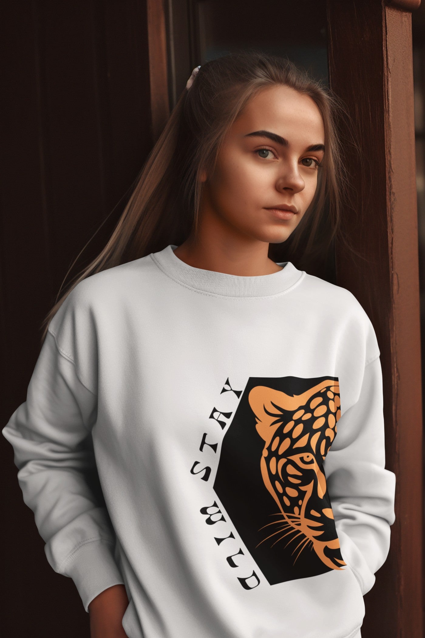 mockup of an ai created woman wearing a round neck sweatshirt by a door m33484 mockup of an ai created woman wearing a round neck sweatshirt by a door m33484
